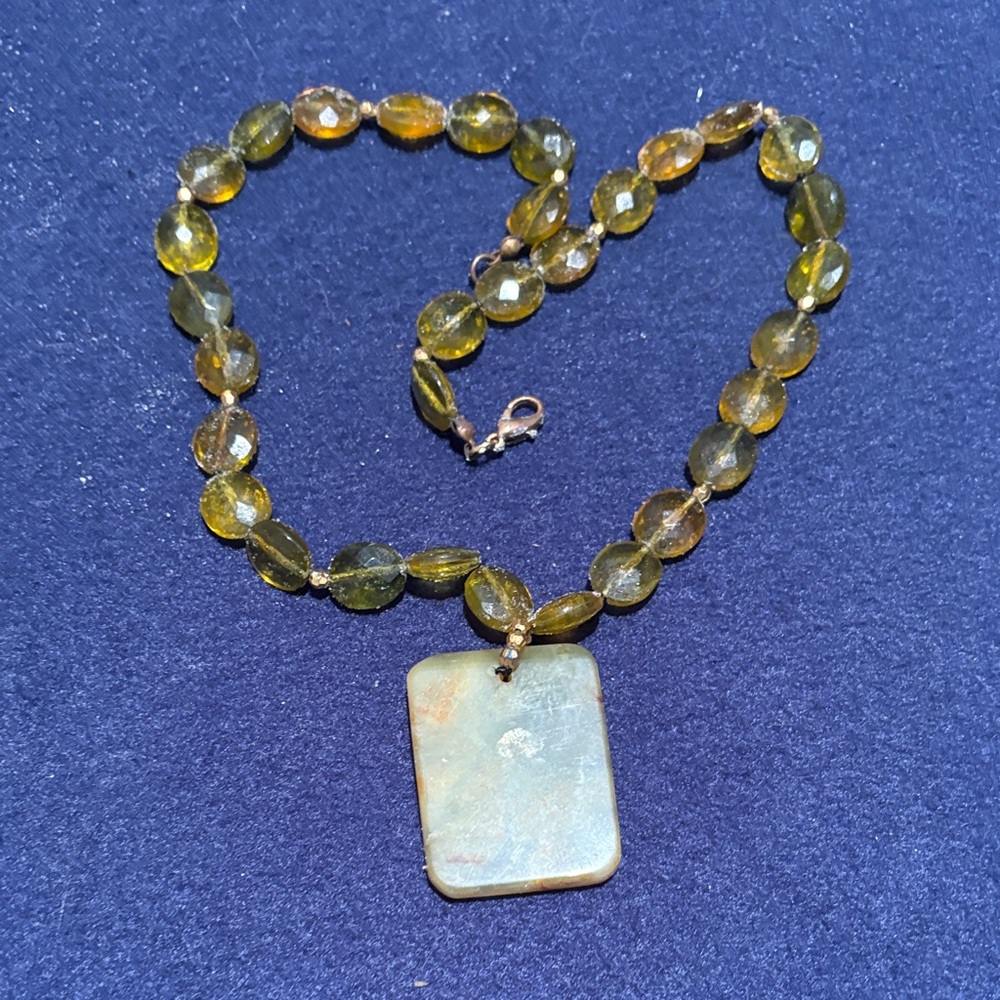 Green Beaded stone Necklace with Rectangular Pendant